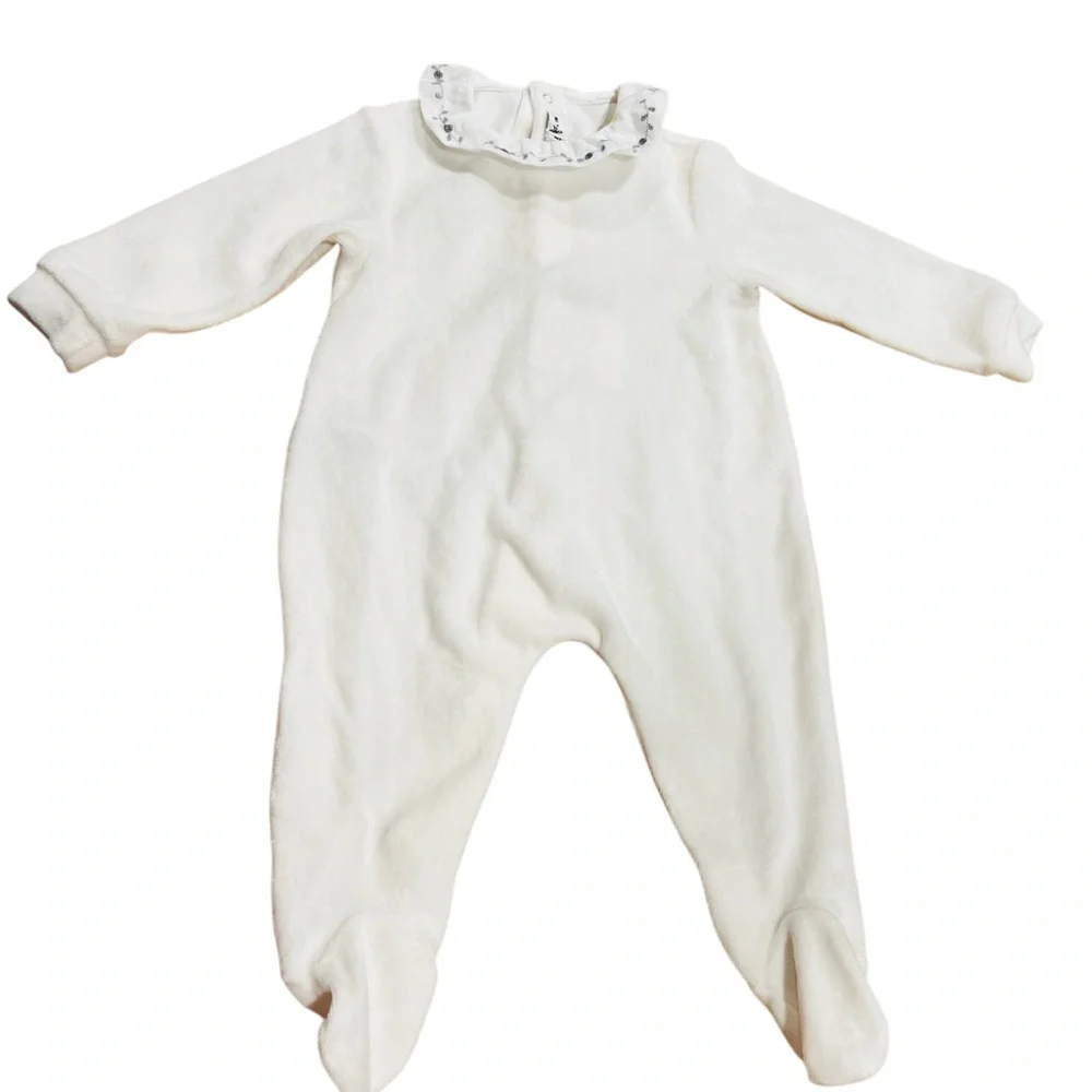 Il Gufo baby white cotton velour jumpsuit floral embroidered collar Size 9M NWT
